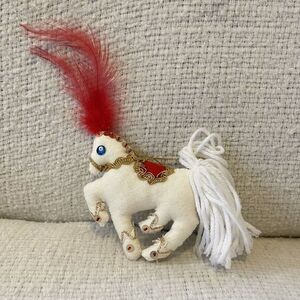 Felt Gold Sequin CAROUSEL HORSE Plume Feather‎ Christmas Ornament VTG Brucilla